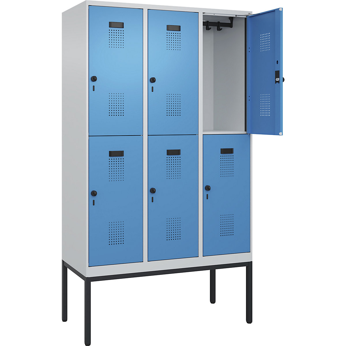 Evolo PLUS kétszintes öltözőszekrény – C+P, 3 fülke, világosszürke / világoskék, szé 1200 mm, keskeny lábakkal, forgóretesszel-49