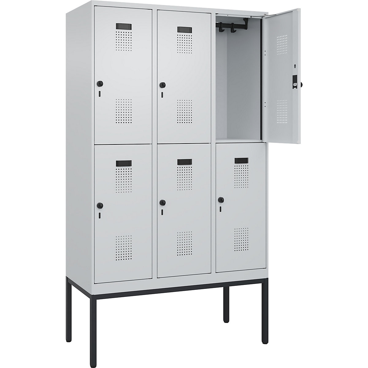 Evolo PLUS kétszintes öltözőszekrény – C+P, 3 fülke, világosszürke, szé 1200 mm, keskeny lábakkal, forgóretesszel-156