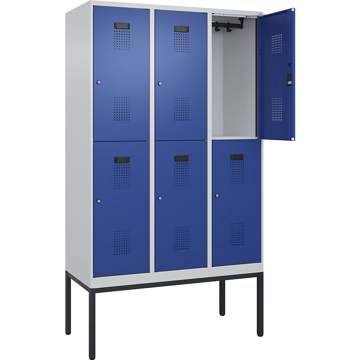 Evolo PLUS kétszintes öltözőszekrény – C+P, 3 fülke, világosszürke / enciánkék, szé 1200 mm, keskeny lábakkal, hengerzárral-192