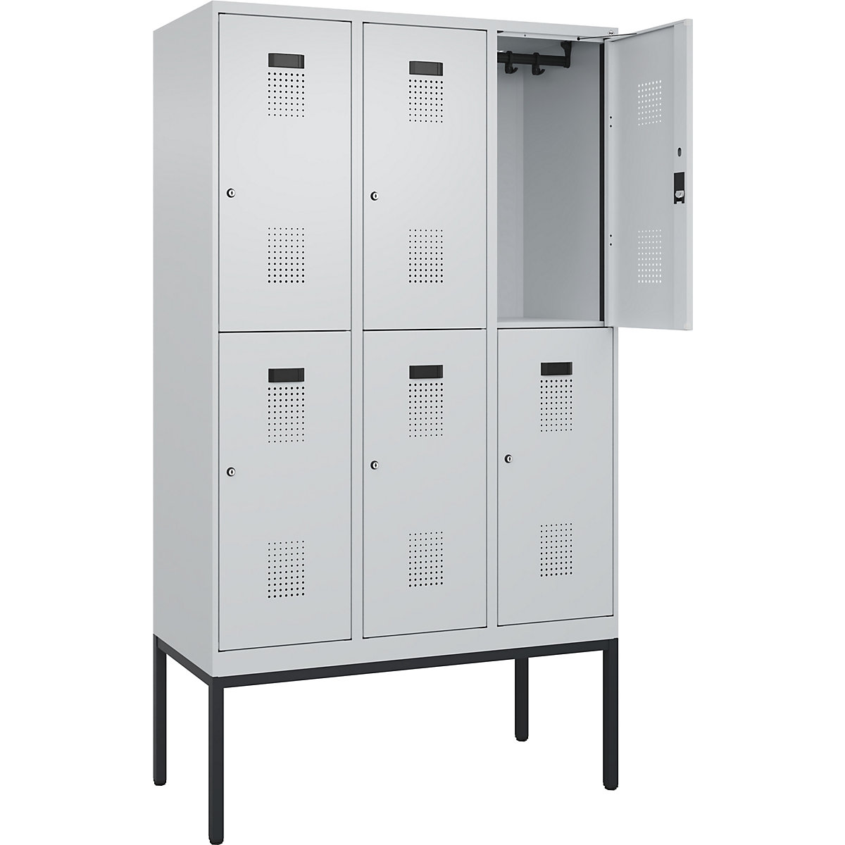 Evolo PLUS kétszintes öltözőszekrény – C+P, 3 fülke, világosszürke, szé 1200 mm, keskeny lábakkal, hengerzárral-67