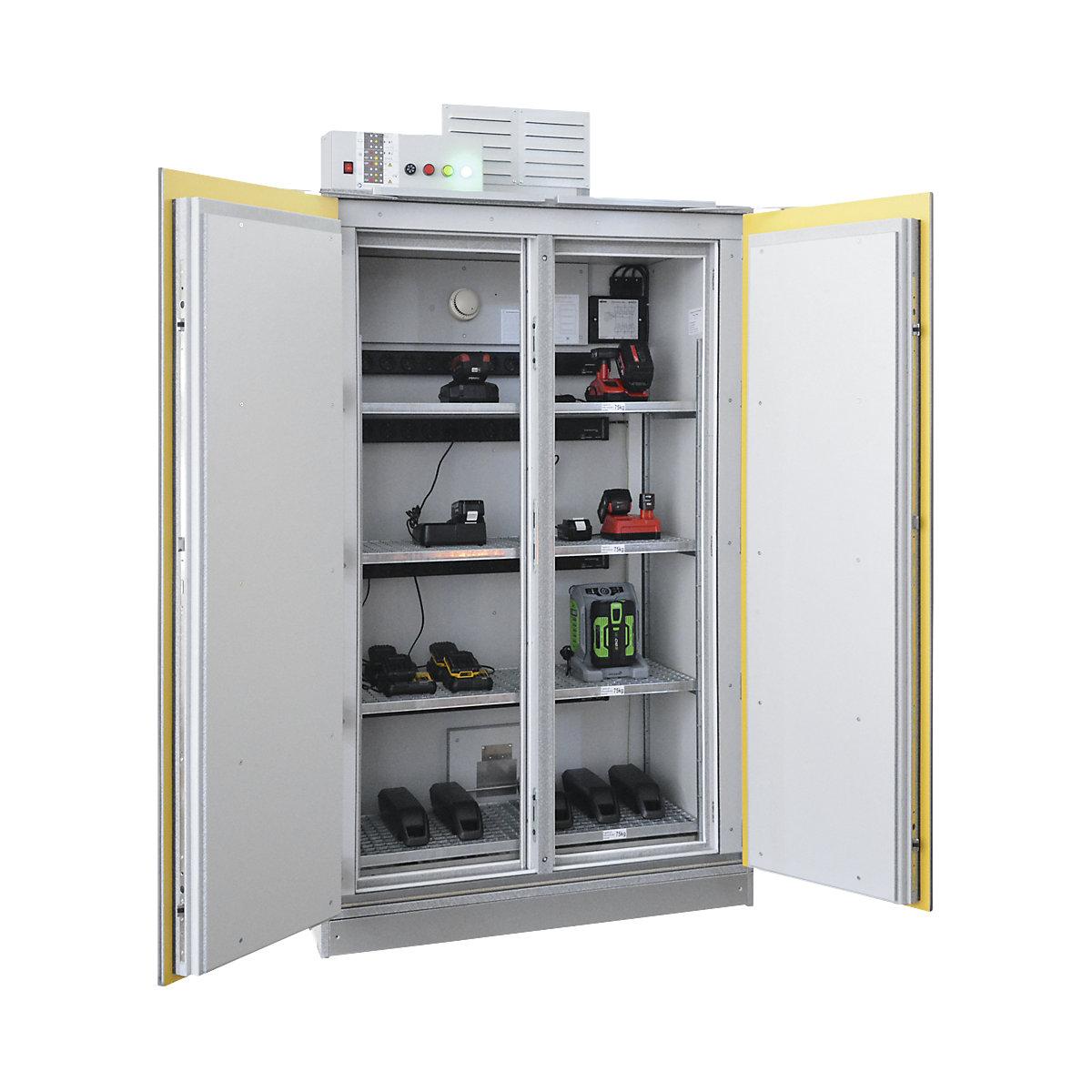 Bezpečnostná nabíjacia skriňa na nabíjanie akumulátorov SiS Li-Ion 90 Safe Pro – LaCont, bez systému na potlačenie požiaru, v x š 2250 x 1212 mm, 4 zásuvné lišty-3