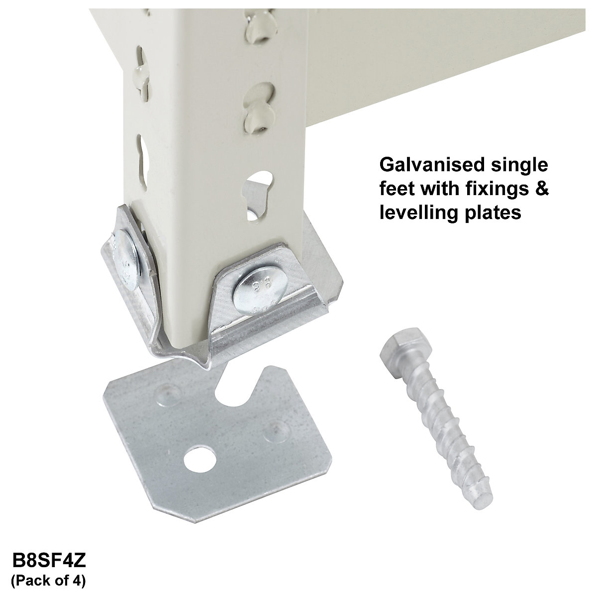 BiG800 Pack of 4 Galvanised Single Steel Feet with fixings & Levelling Plates