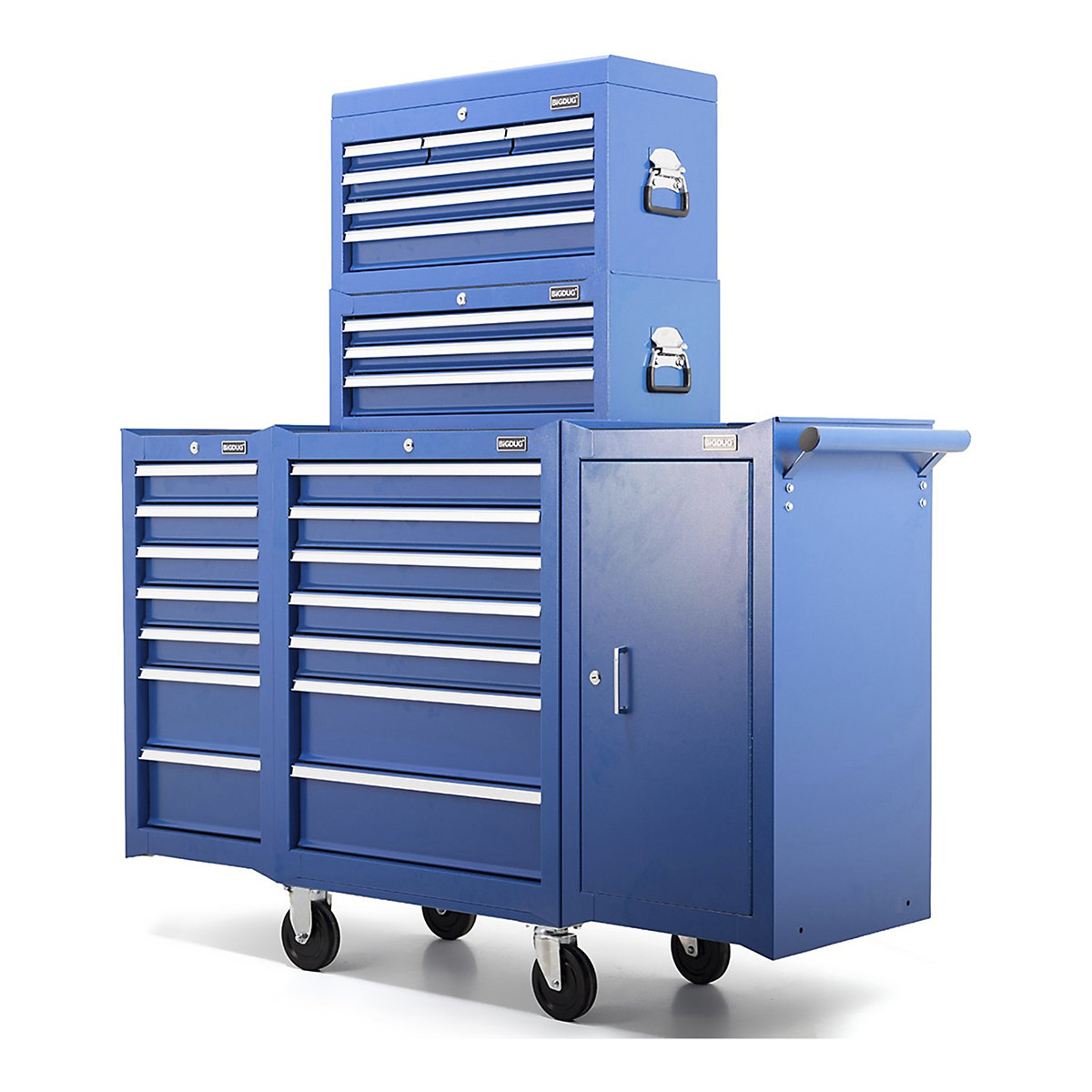BiGDUG Essentials 27" Tool Chest Set with 7 Drawer Cabinet, Mid Box, Side Cabinets & Chest, BiGDUG Essentials 27" Tool Chest Set with 7 Drawer Cabinet, Mid Box, Side Cabinets & Chest, BiGDUG Essentials 27" Tool Chest Set | 7 Drawer Roller Cabinet | 3 Drawer Mid Box | 6 Drawer Top Chest | 1 Door Side Cupboard | Overall: 1638h x 1117w x 460d mm | Blue-1