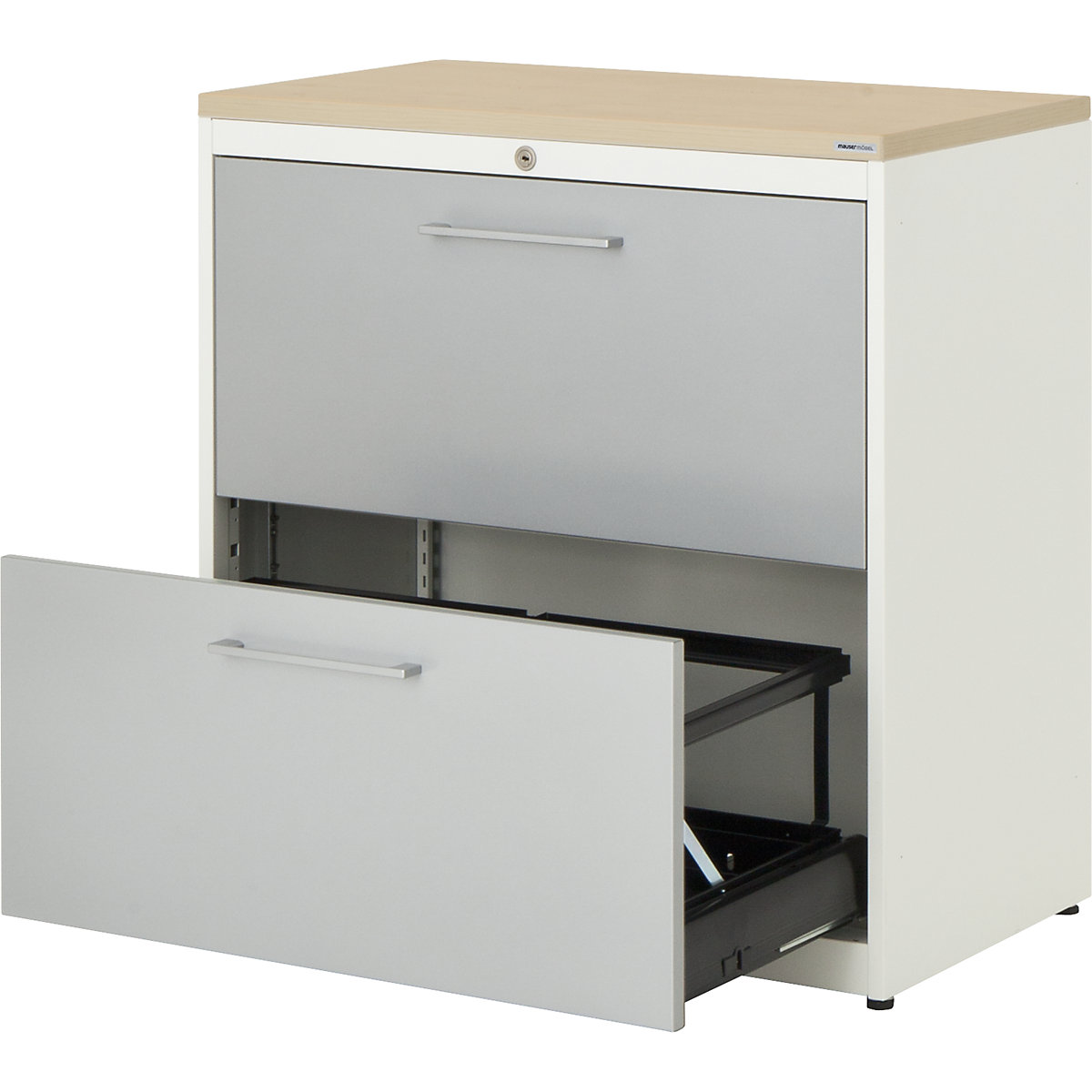 Classificatore per cartelle sospese – mauser, pannello in plastica, 2 ripiani estraibili a 2 corsie, con ammortizzatori, bianco puro / alluminio brillante / acero-0