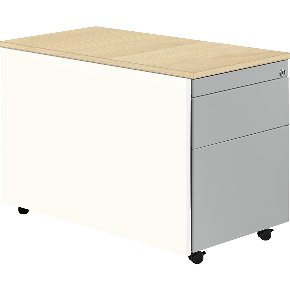 Ladeblok op wielen – mauser, h x d = 579 x 800 mm, kunststof plaat, 1 materiaallade, 1 hangmappenlade, zuiver wit / blank aluminiumkleurig / ahornhoutdecor-0