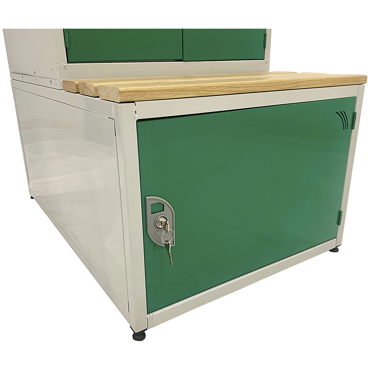 Mercian Combi Seats for Emergency Service Lockers, Mercian Combi Seats for Emergency Service Lockers, Combi Seat | Stand and Storage Compartment | 450h x 1200w x 450d mm | Solid Door Storage Box | Oak Slats | Green Door-4