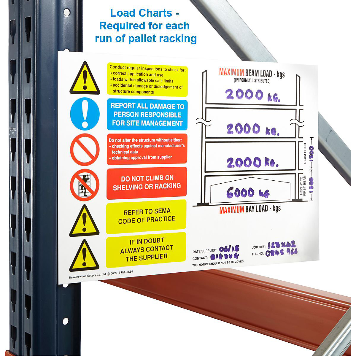 Pallet Racking Load Chart, 1.5mm Rigid Plastic, 420w x 297d mm