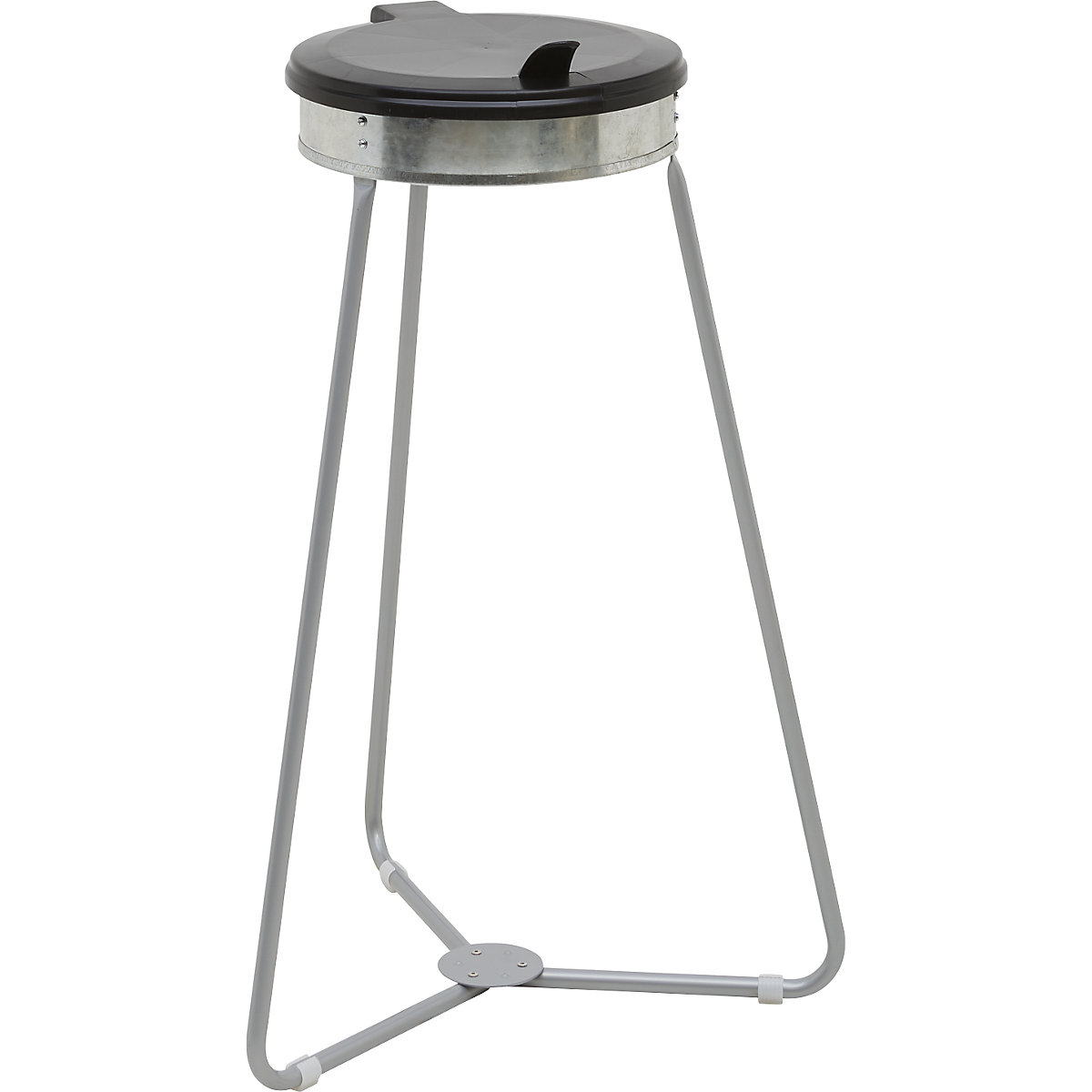 Müllsackhalter aus Stahl mit Kunststoffdeckel eurokraft basic, für Volumen bis 120 l, Dreibeingestell, Deckel schwarz-0