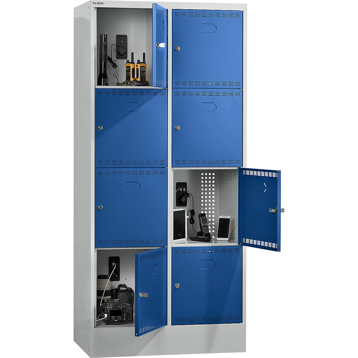 Akkumulátortöltő szekrény zárható rekeszekkel – LISTA, 2 x 4 rekesszel, 1 x 230 V, 1 x RJ45, szürke / kék-4
