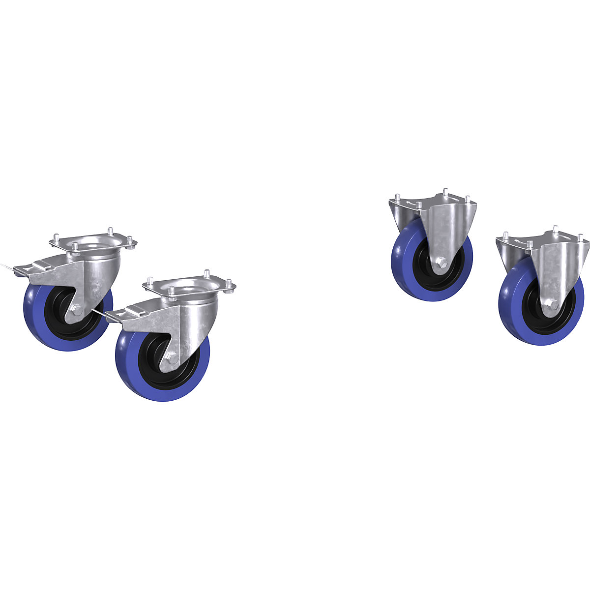 Set de role pentru căruciorul de asamblare CustomLine – eurokraft pro, 2 roți pivotante cu frână dublă, 2 roți fixe, cauciuc solid elastic solid Ø 160 mm-0