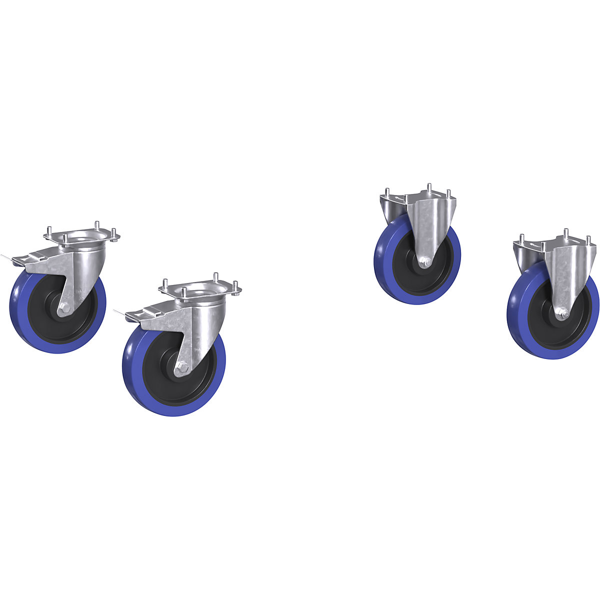 Set de rotile pentru cărucioare de asamblare / etajat CustomLine – eurokraft pro, 2 roți pivotante cu frână dublă, 2 roți fixe, elastic solid Ø 200 mm-0
