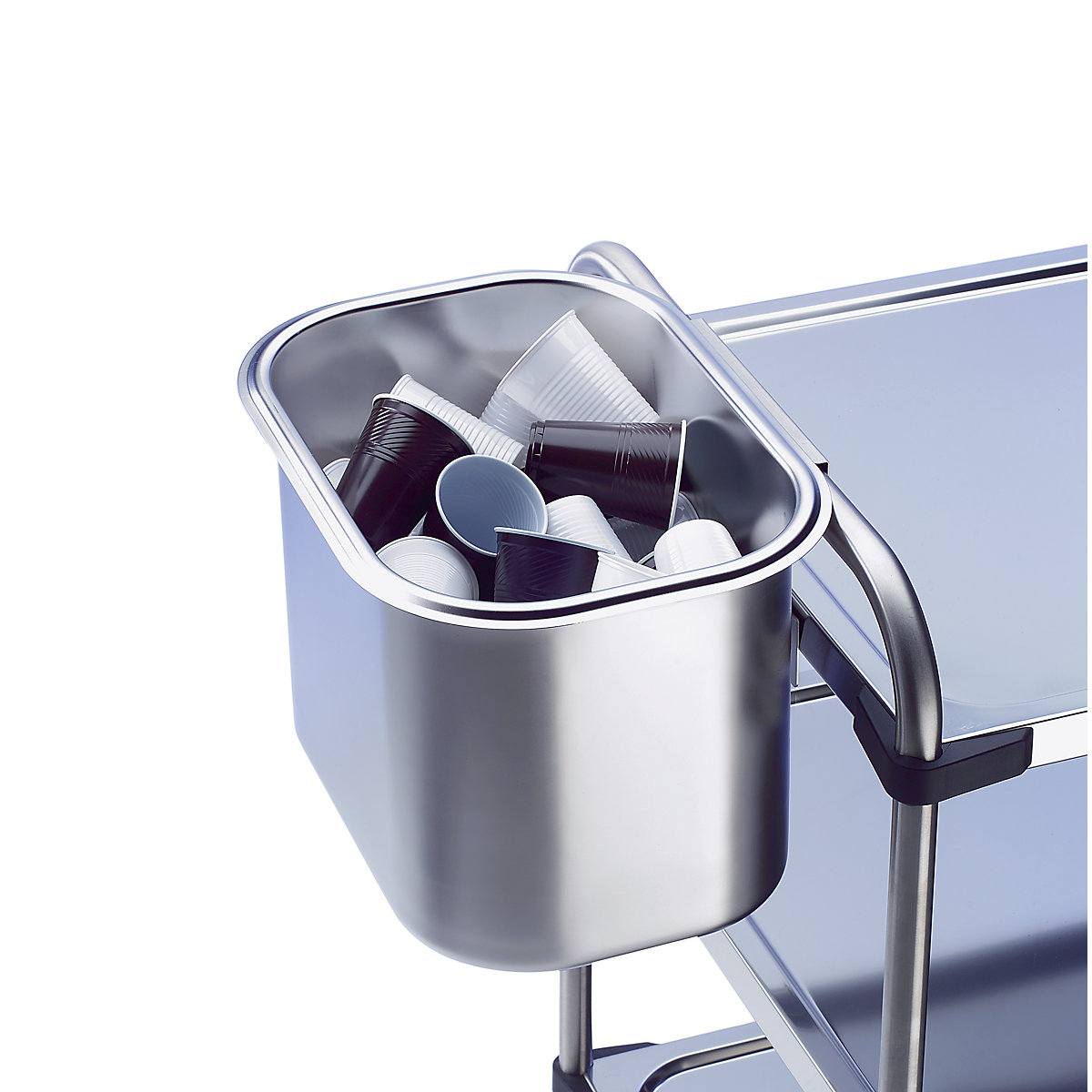 Bac de rangement en acier chrome-nickel, à fixer sur la barre de poussée du chariot à plateaux, capacité 21 l-0