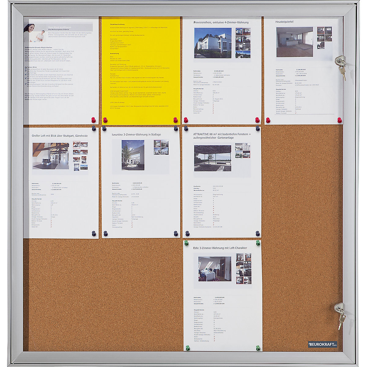 Bacheca con anta a battente – eurokraft pro, largh. x alt. x prof. esterno 742 x 697 x 33 mm, parete posteriore in sughero-0