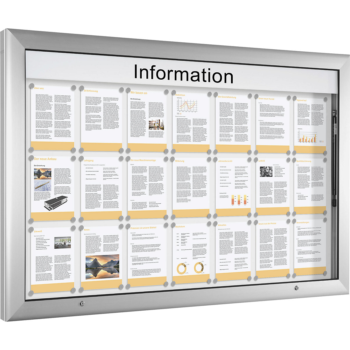Bacheca per interni ed esterni, formato orizzontale, dimensioni extra, largh. x alt. 1600 x 1025 mm, apertura anta a 90° verso l'alto, parete posteriore in bianco puro-0