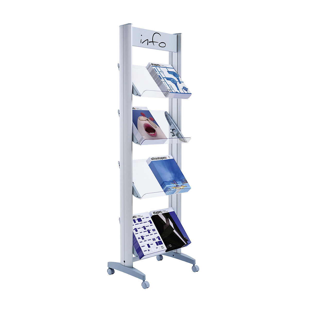 Portastampati in metallo con rotelle – Paperflow, con ripiani in plexiglas, larghezza 500 mm-0