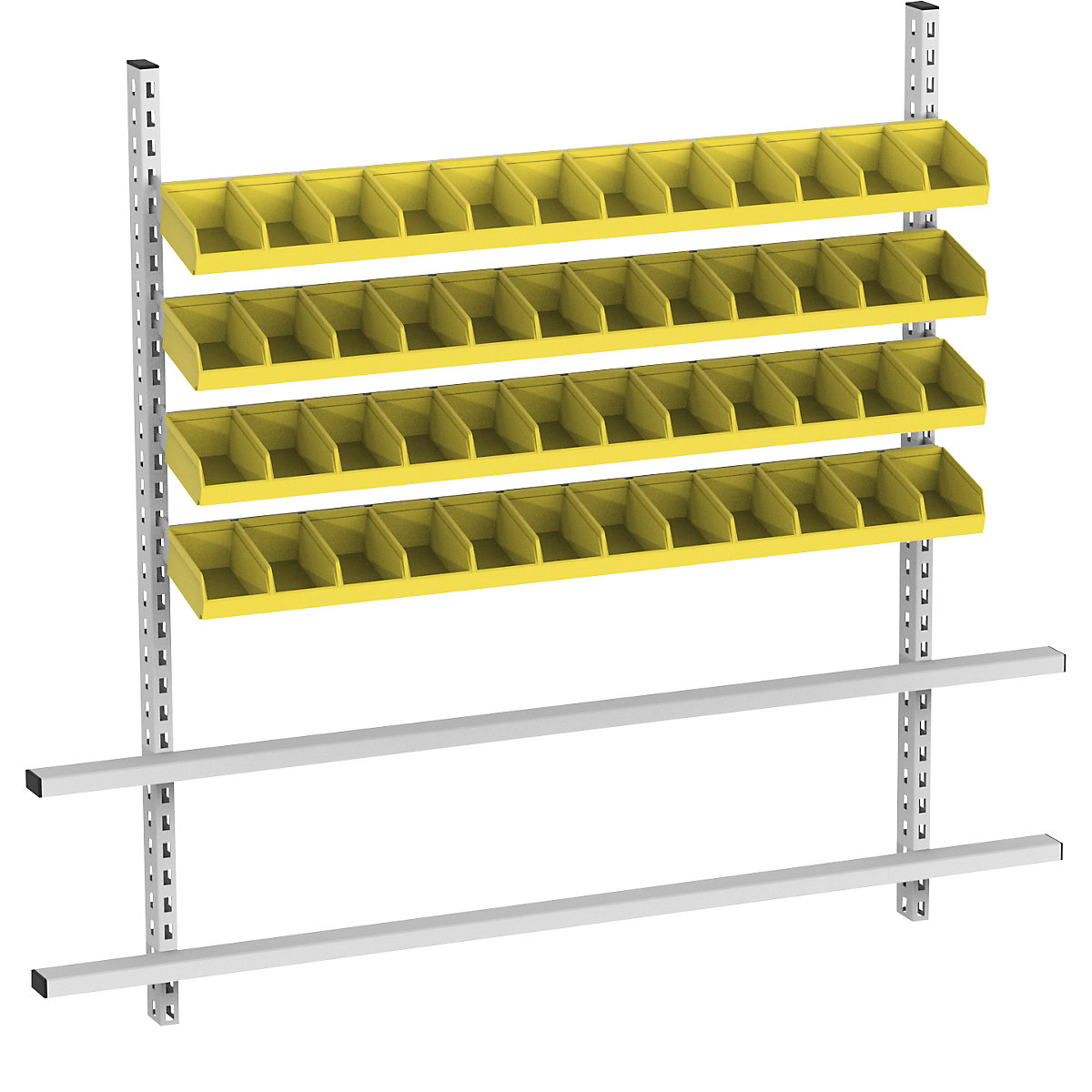 Superestrutura de mesa com caixas de armazenagem à vista, largura 2030 mm, 4 calhas com 48 caixas, caixas amarelas-0