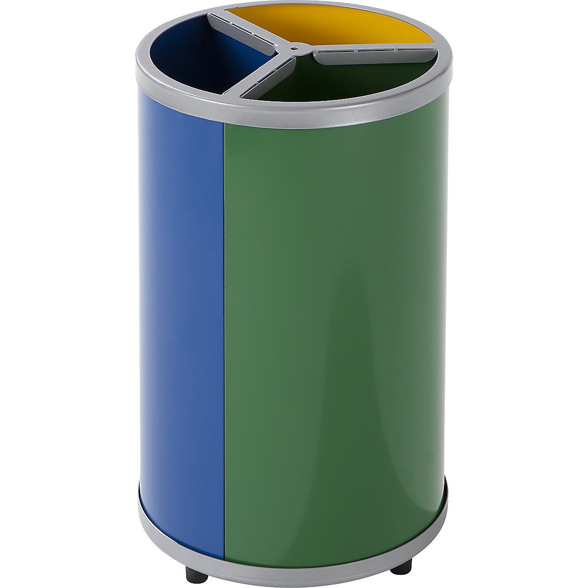 Afvalbak voor kringloopmateriaal, rond – VAR, inhoud 3 x 30 l, h x Ø = 720 x 420 mm, geel, blauw, groen-5