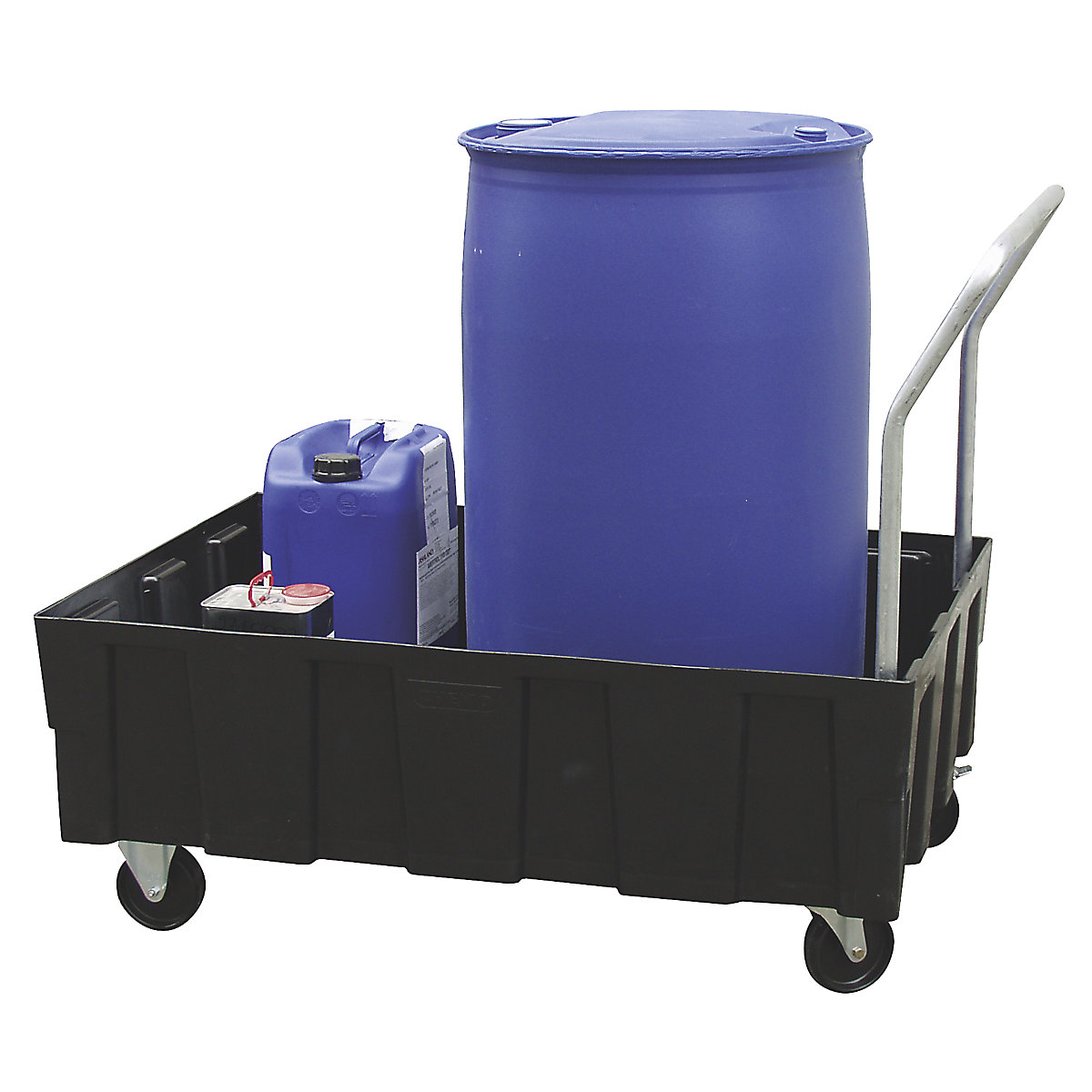 Vasca di raccolta in PE per fusti da 200 l – CEMO, mobile con impugnatura, capacità 250 l, senza griglia-2