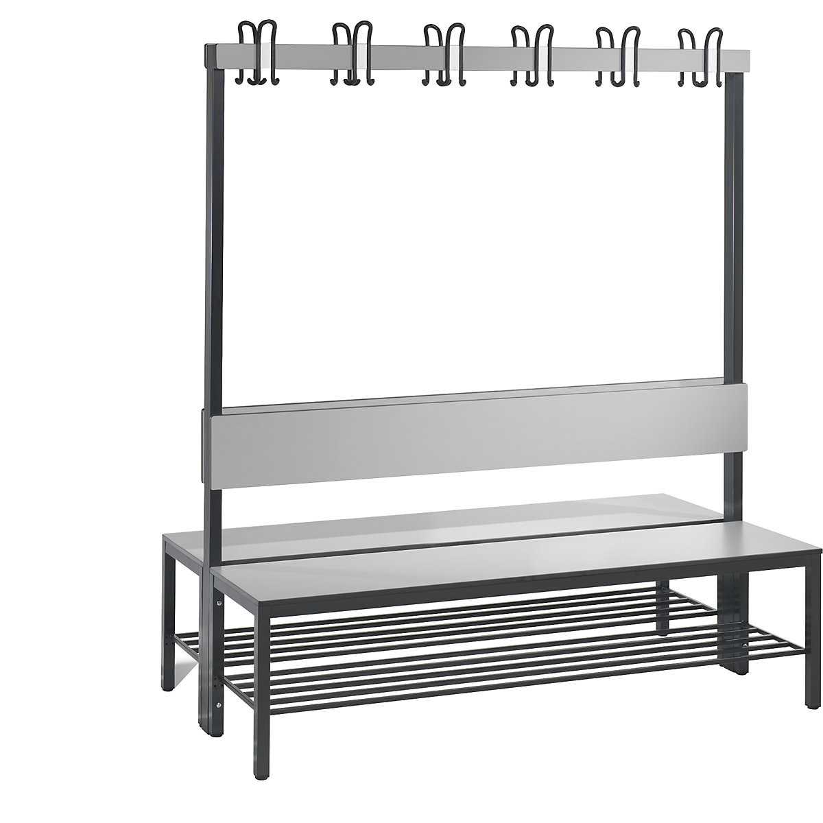 Bancă dublă de vestiar COMFORT – C+P, HPL, spătar și șină cu cârlig, lungime 1500 mm, gri antracit, grătar pentru încălțăminte-0