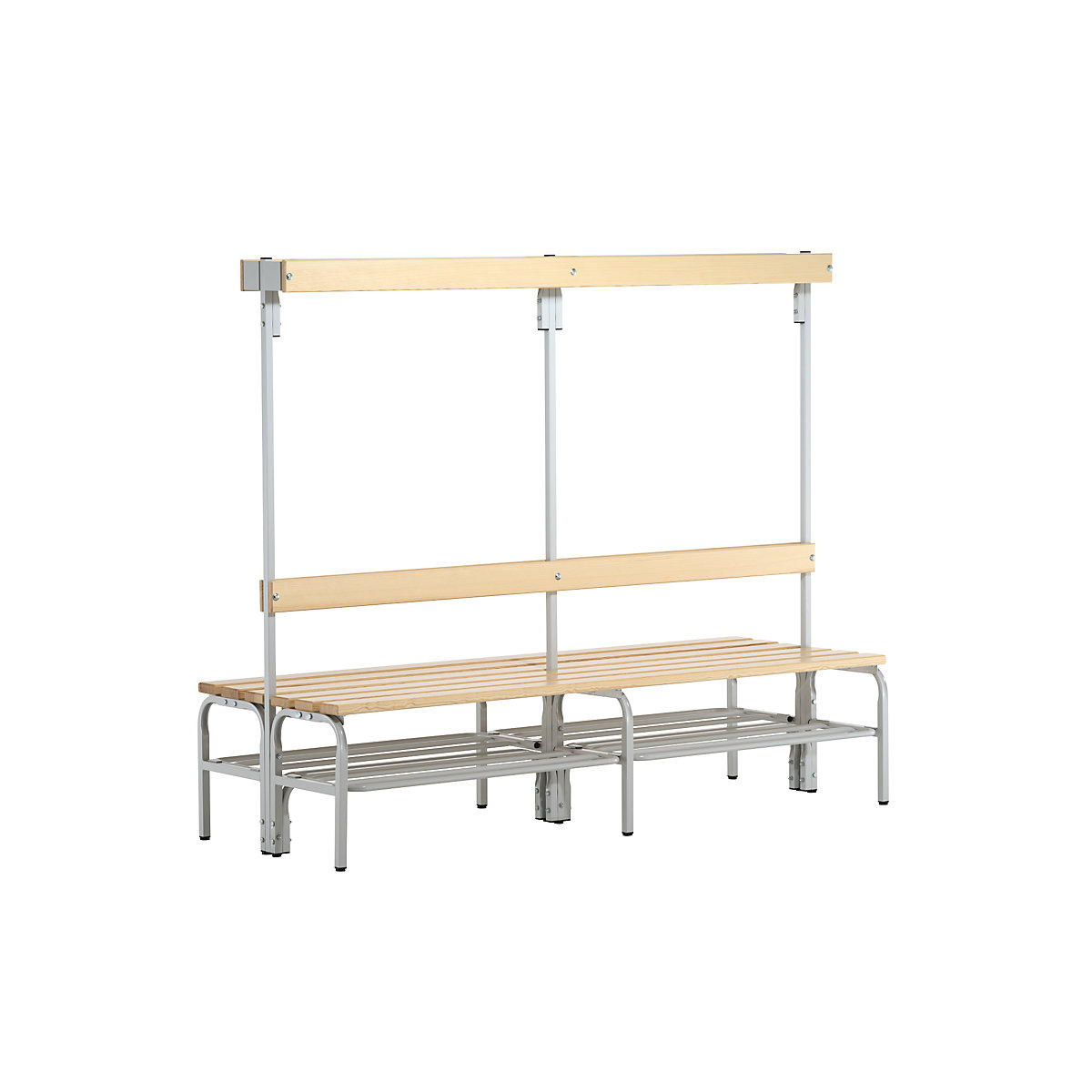 Banchetă de vestiar cu șine cu cârlige – Sypro, pe ambele părți, 12 cârlige, 2000 mm, gri deschis, grătar pentru pantofi-0