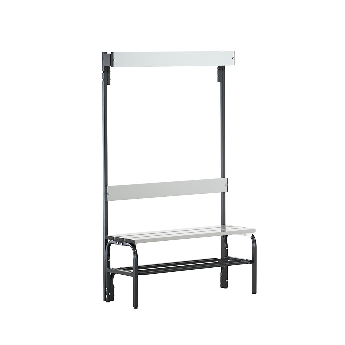 Banchetă de vestiar din inox – Sypro, î. x ad. 1650 x 375 mm, lungime 1015 mm, 3 cârlige, antracit, grătar pentru pantofi-0