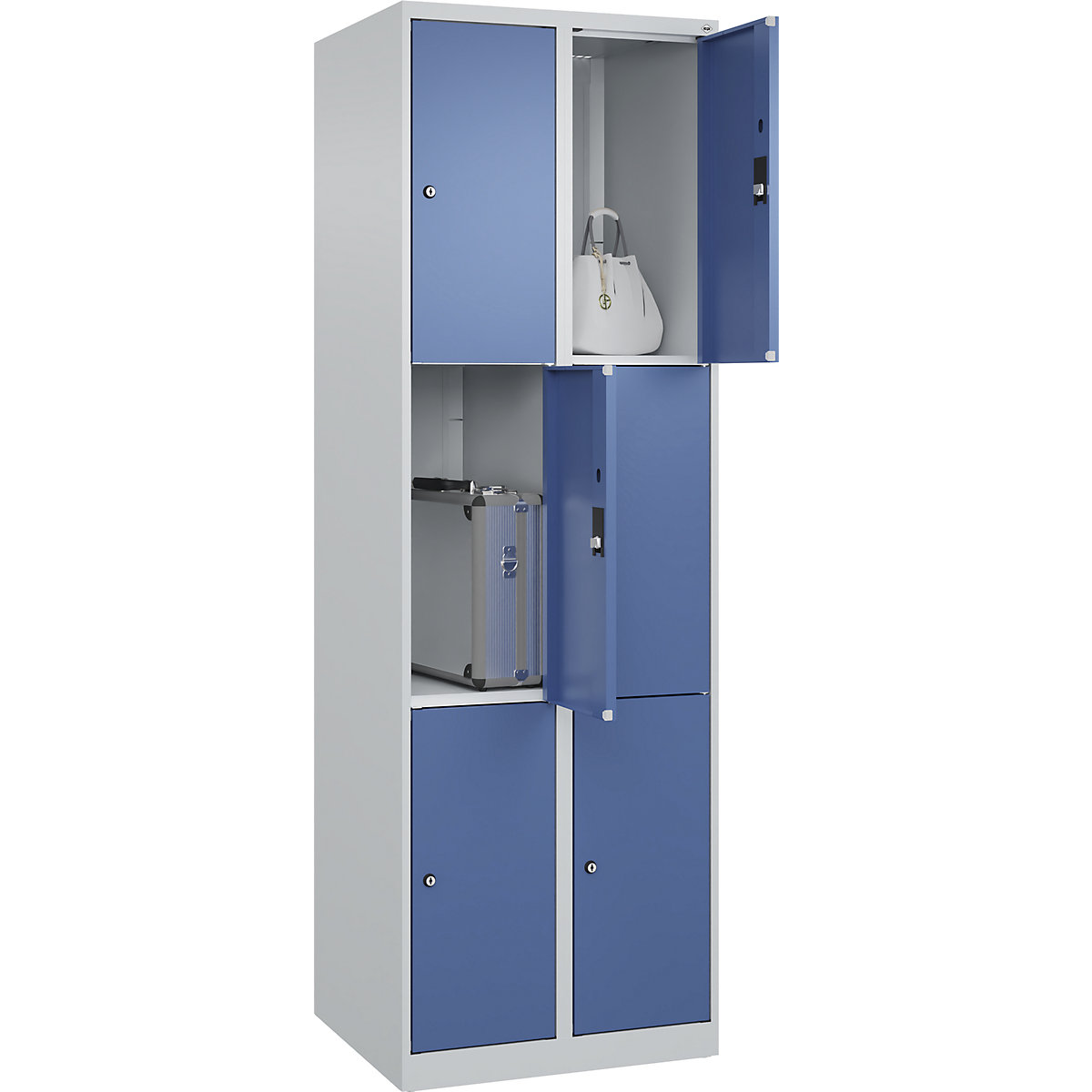 Dulap cu 3 compartimente cu încuietoare Classic PLUS – C+P, 2 module, gri deschis / albastru distant, lăț. 600 mm, 6 compartimente, cu glisoare pentru podea-0