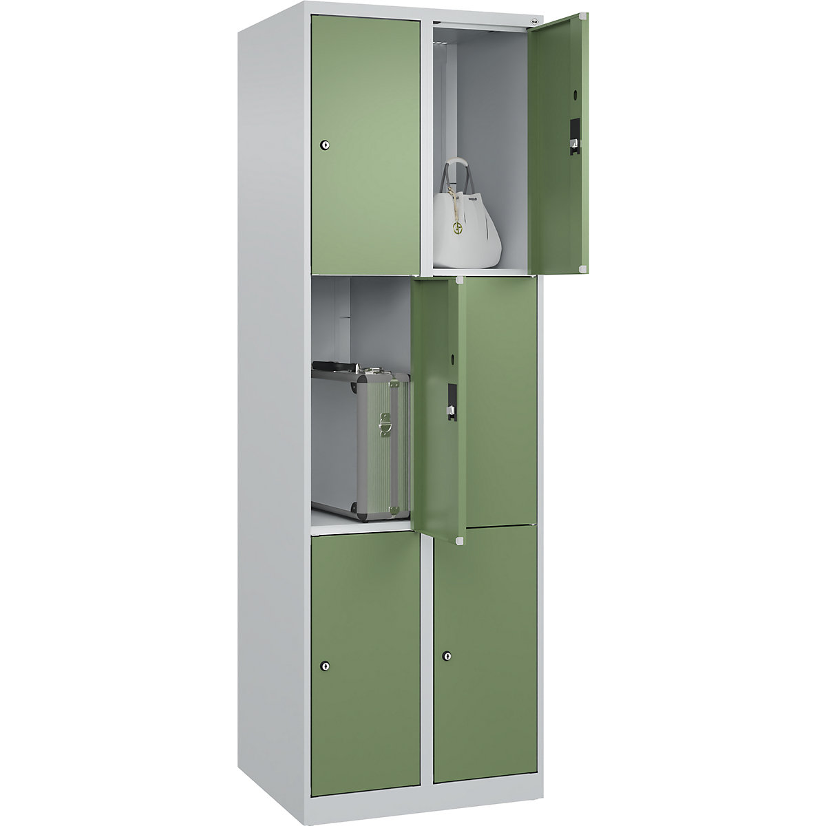 Dulap cu 3 compartimente cu încuietoare Classic PLUS – C+P, 2 module, gri deschis / verde reseda, lăț. 600 mm, 6 compartimente, cu glisoare pentru podea-0