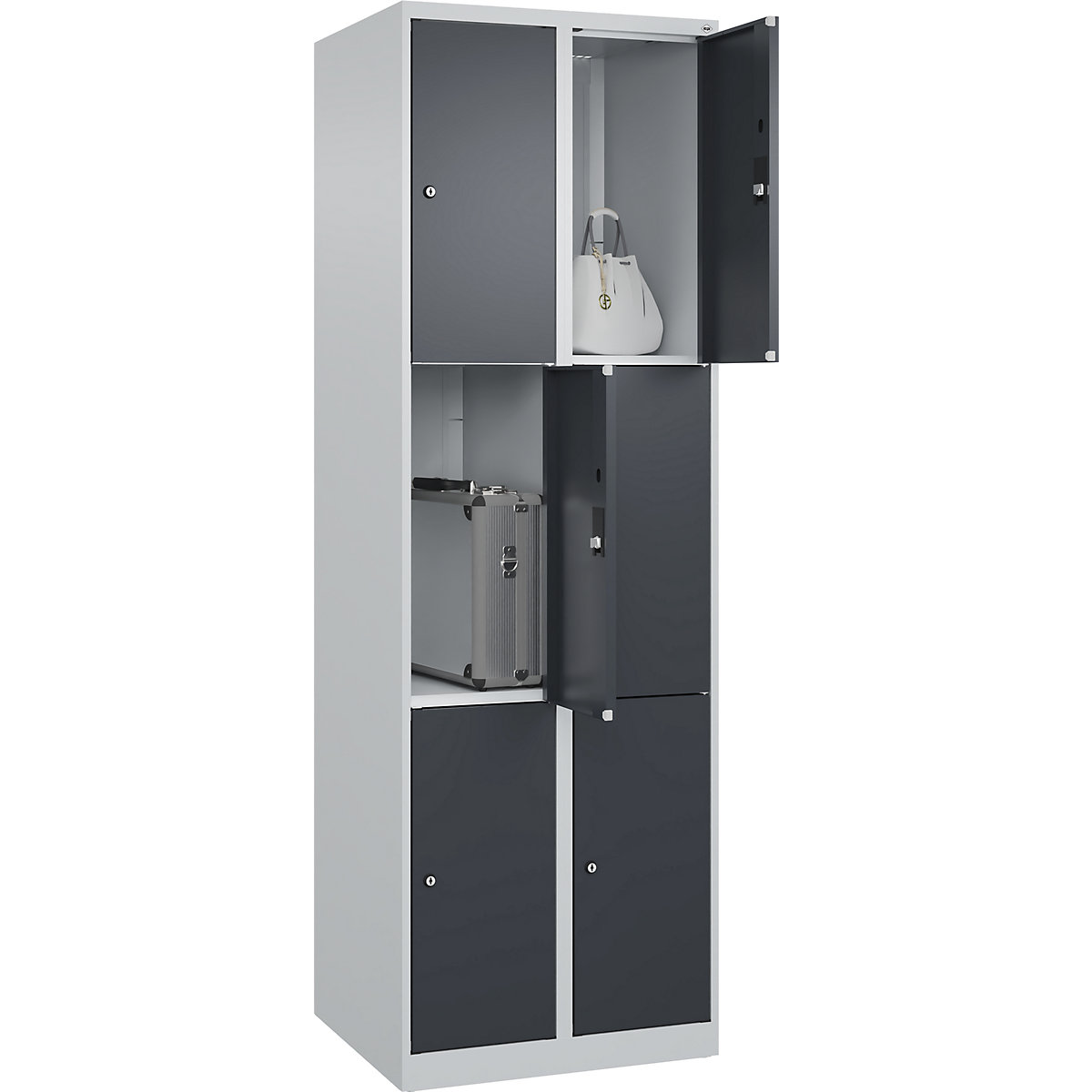 Dulap cu 3 compartimente cu încuietoare Classic PLUS – C+P, 2 module, gri deschis / gri, lăț. 600 mm, 6 compartimente, cu glisoare pentru podea-0