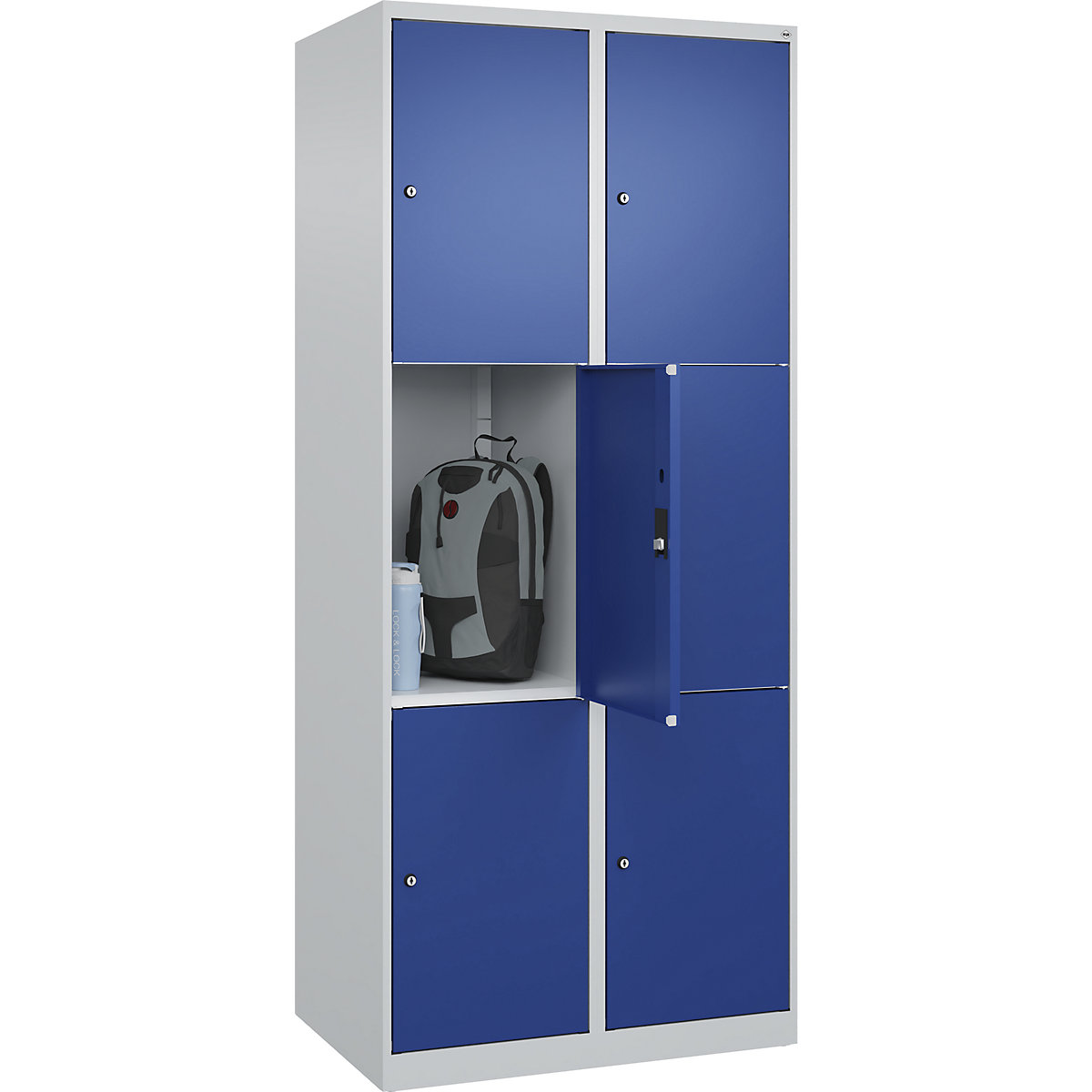 Dulap cu 3 compartimente cu încuietoare Classic PLUS – C+P, 2 module, gri deschis / albastru gențiană, lăț. 800 mm, 6 compartimente, cu glisoare pentru podea-0