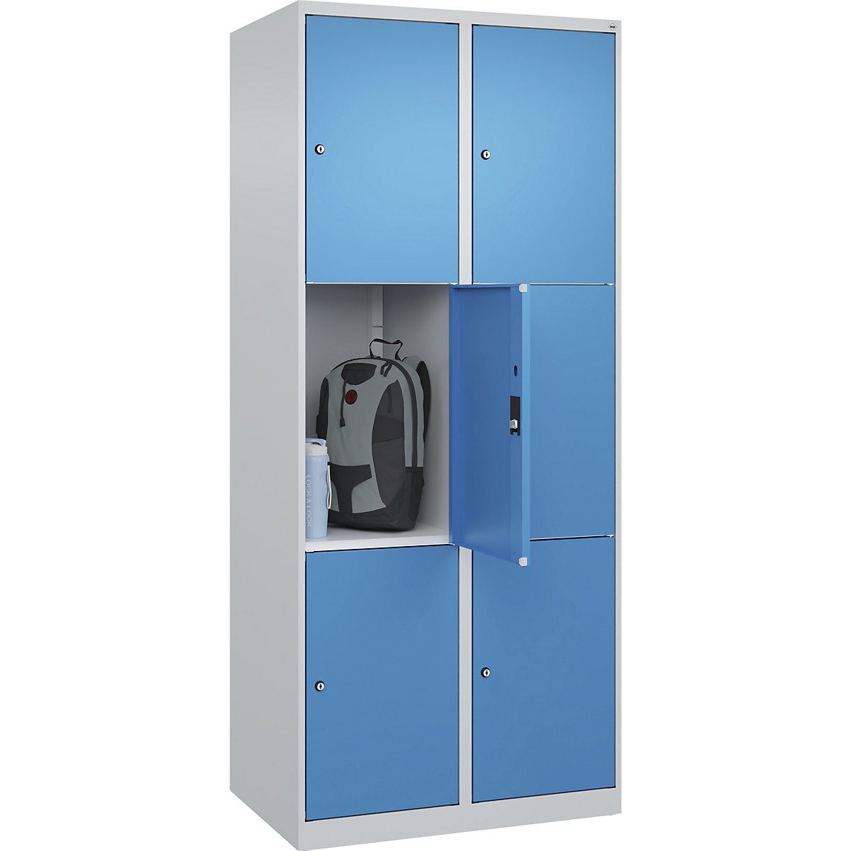 Dulap cu 3 compartimente cu încuietoare Classic PLUS – C+P, 2 module, gri deschis / albastru deschis, lăț. 800 mm, 6 compartimente, cu glisoare pentru podea-0