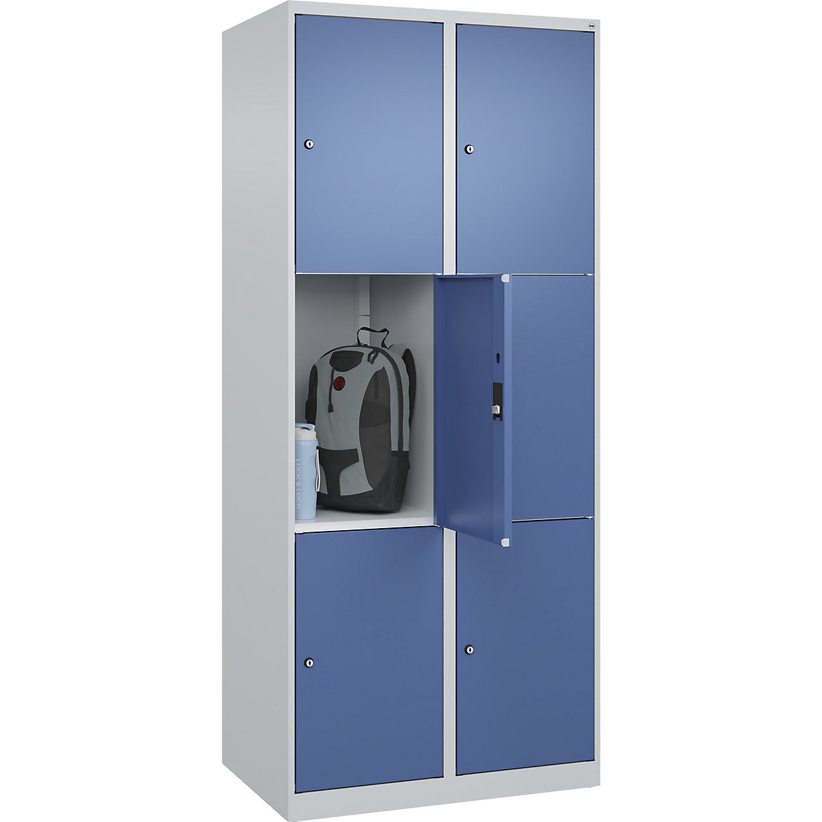 Dulap cu 3 compartimente cu încuietoare Classic PLUS – C+P, 2 module, gri deschis / albastru distant, lăț. 800 mm, 6 compartimente, cu glisoare pentru podea-0