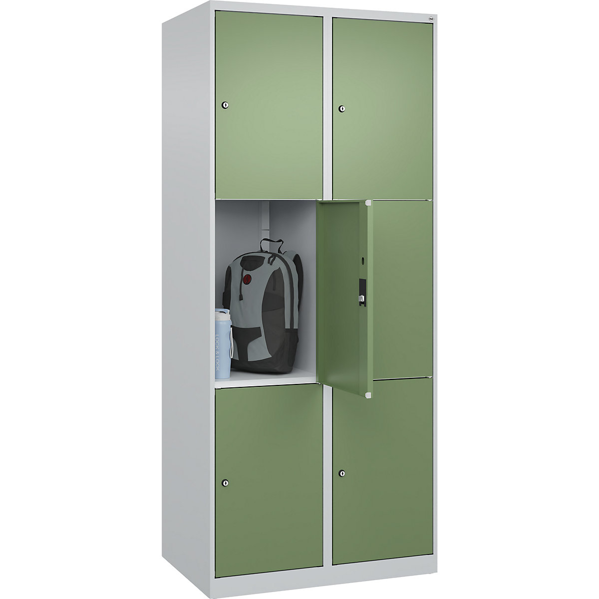 Dulap cu 3 compartimente cu încuietoare Classic PLUS – C+P, 2 module, gri deschis / verde reseda, lăț. 800 mm, 6 compartimente, cu glisoare pentru podea-0