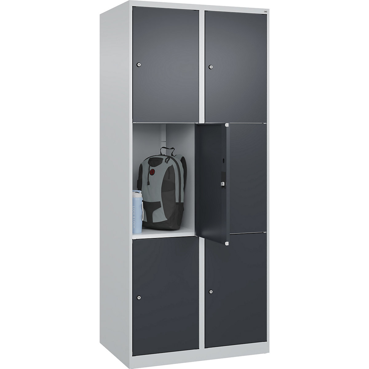 Dulap cu 3 compartimente cu încuietoare Classic PLUS – C+P, 2 module, gri deschis / gri, lăț. 800 mm, 6 compartimente, cu glisoare pentru podea-0