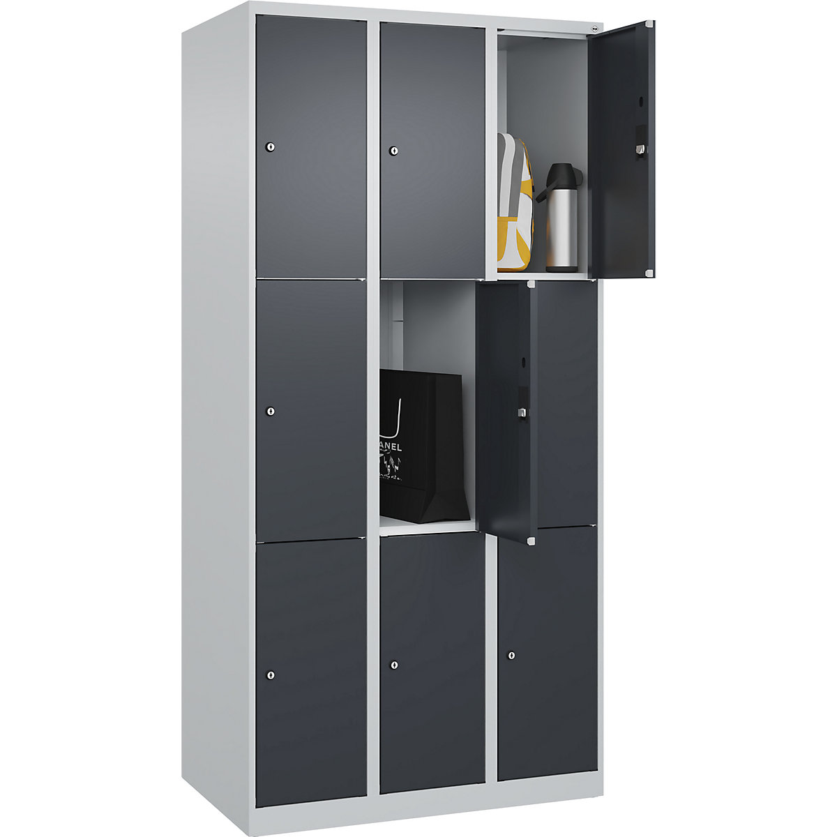Dulap cu 3 compartimente cu încuietoare Classic PLUS – C+P, 3 module, gri deschis / gri, lăț. 900 mm, 9 compartimente, cu glisoare pentru podea-0