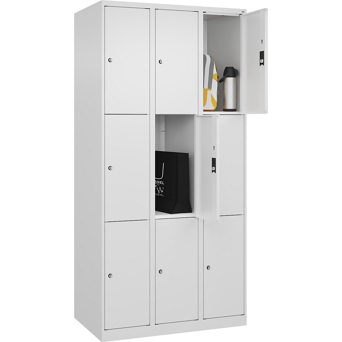 Dulap cu 3 compartimente cu încuietoare Classic PLUS – C+P, 3 module, alb trafic, lăț. 900 mm, 9 compartimente, cu glisoare pentru podea-0