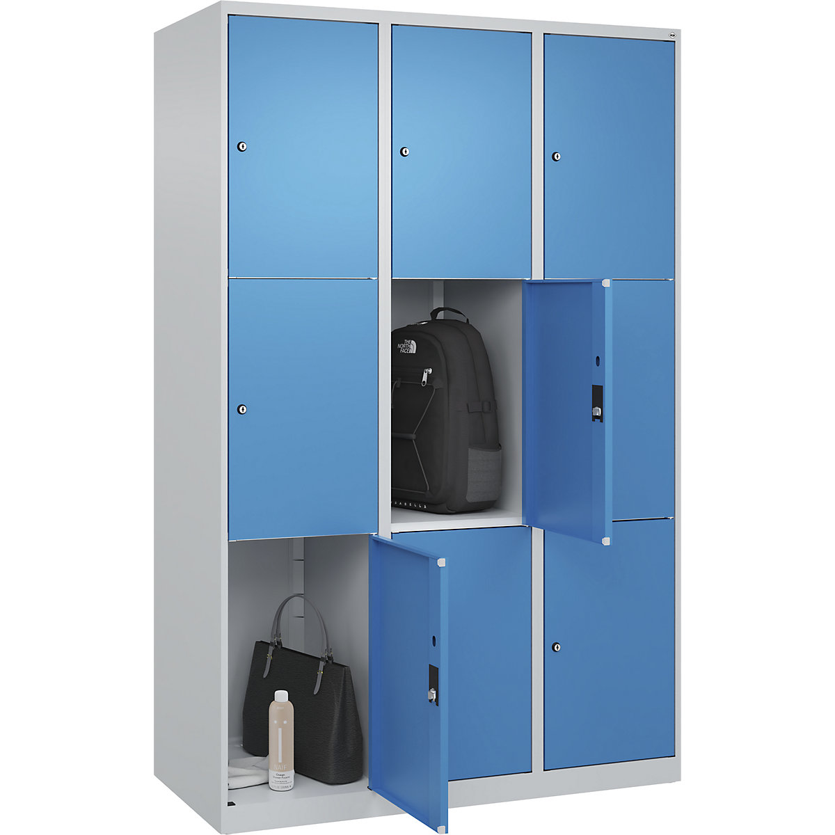 Dulap cu 3 compartimente cu încuietoare Classic PLUS – C+P, 3 module, gri deschis / albastru deschis, lăț. 1200 mm, 9 compartimente, cu glisoare pentru podea-0
