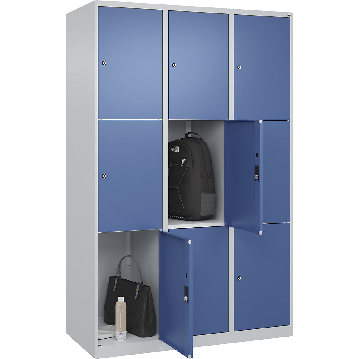 Dulap cu 3 compartimente cu încuietoare Classic PLUS – C+P, 3 module, gri deschis / albastru distant, lăț. 1200 mm, 9 compartimente, cu glisoare pentru podea-0