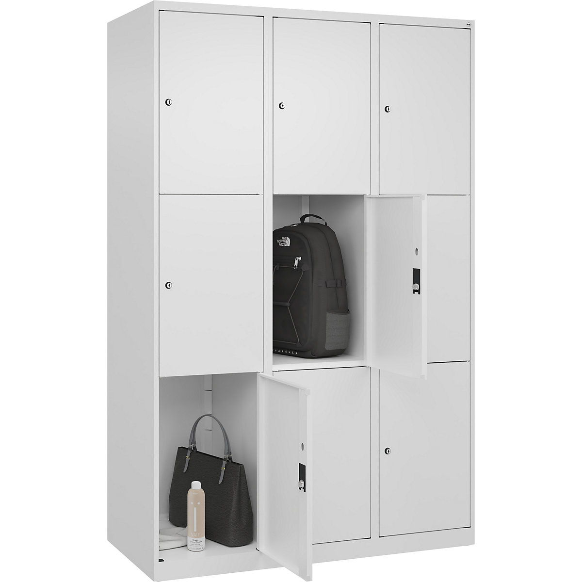 Dulap cu 3 compartimente cu încuietoare Classic PLUS – C+P, 3 module, alb trafic, lăț. 1200 mm, 9 compartimente, cu glisoare pentru podea-0