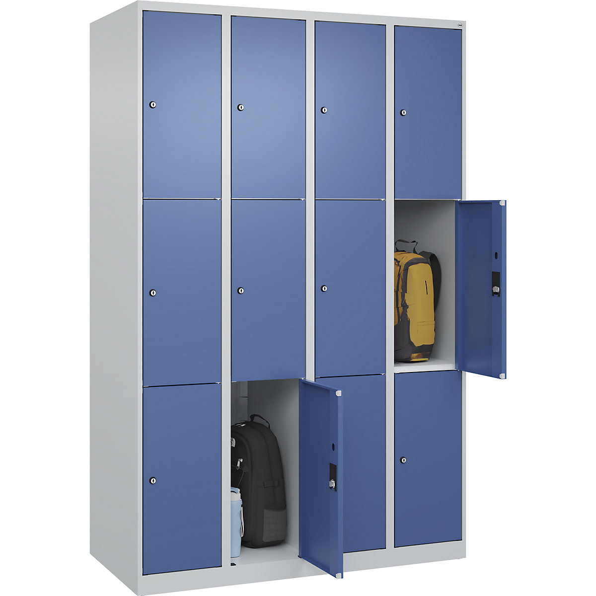 Dulap cu 3 compartimente cu încuietoare Classic PLUS – C+P, 4 module, gri deschis / albastru distant, lăț. 1200 mm, 12 compartimente, cu glisoare pentru podea-0