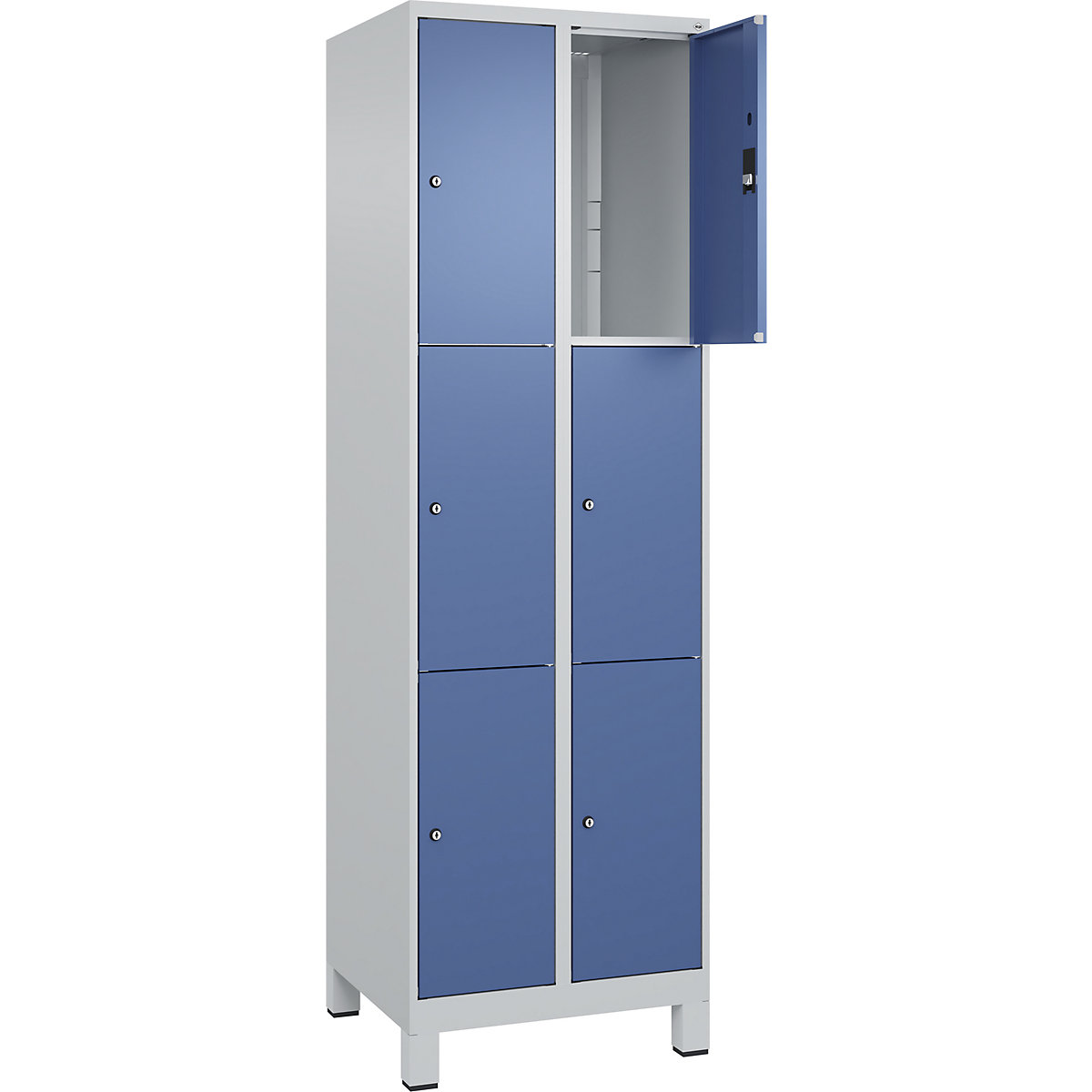 Dulap cu 3 compartimente cu încuietoare Classic PLUS – C+P, 2 module, gri deschis / albastru distant, lăț. 600 mm, 6 compartimente, cu picioare-0