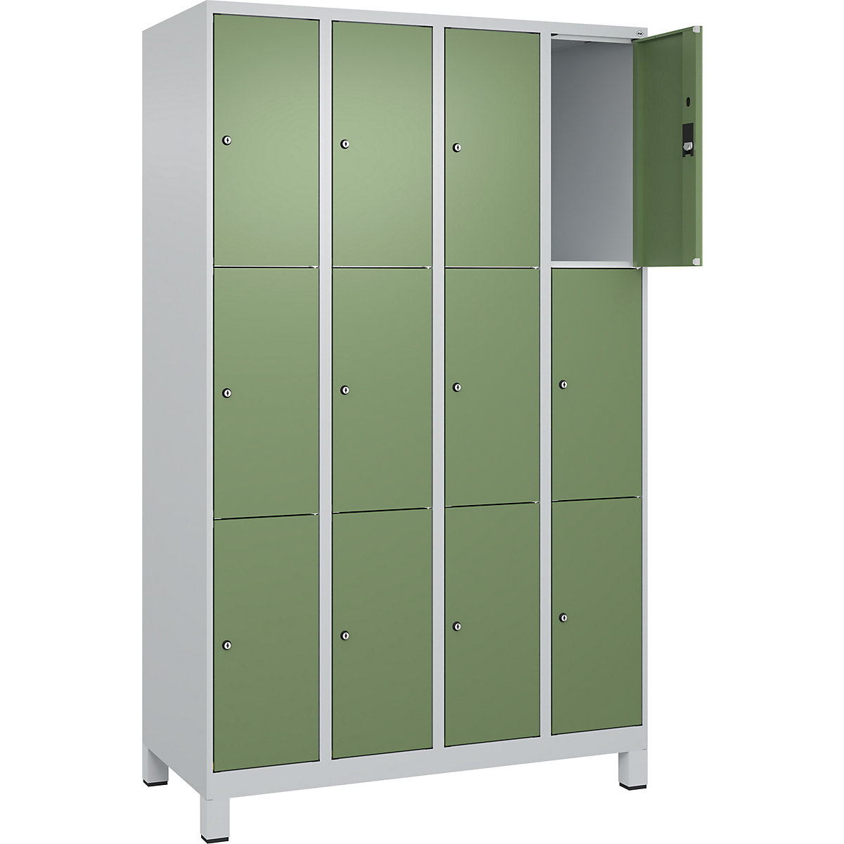 Dulap cu 3 compartimente cu încuietoare Classic PLUS – C+P, 4 module, gri deschis / verde reseda, lăț. 1200 mm, 12 compartimente, cu picioare-0