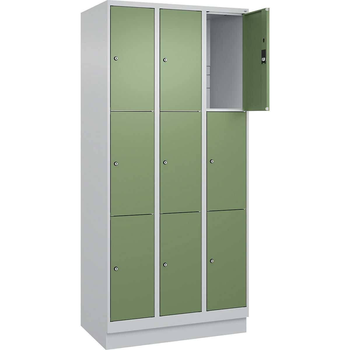 Dulap cu 3 compartimente cu încuietoare Classic PLUS – C+P, 3 module, gri deschis / verde reseda, lăț. 900 mm, 9 compartimente, cu soclu-0