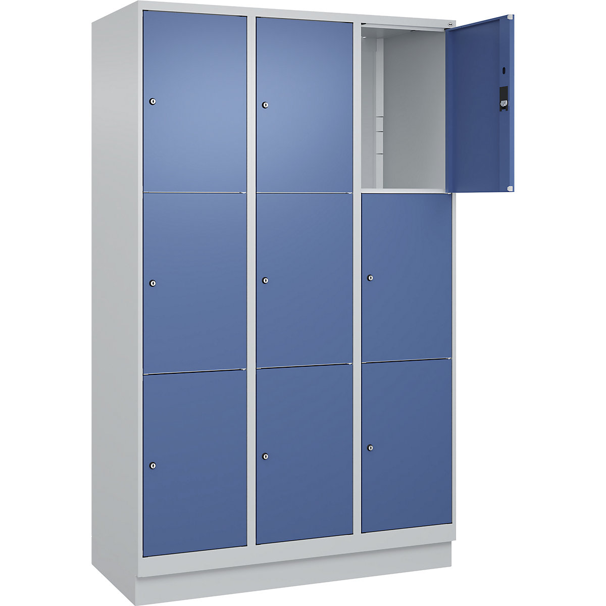 Dulap cu 3 compartimente cu încuietoare Classic PLUS – C+P, 3 module, gri deschis / albastru distant, lăț. 1200 mm, 9 compartimente, cu soclu-0