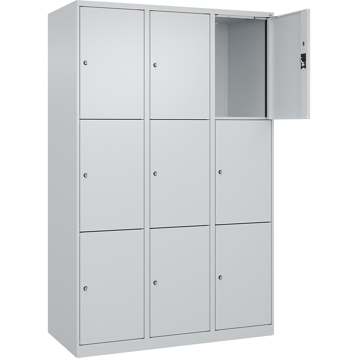 Dulap cu 3 compartimente cu încuietoare Evolo PLUS, 3 module, gri deschis, lăț. 1200 mm, 9 compartimente, cu glisoare pentru podea, încuietoare cilindrică-0