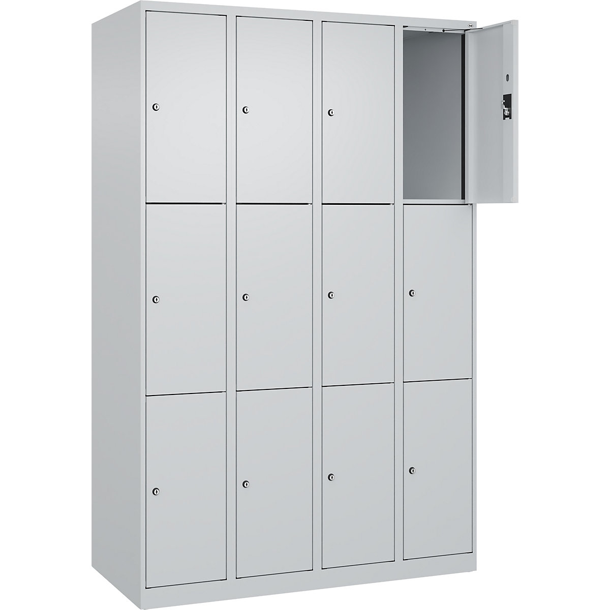 Dulap cu 3 compartimente cu încuietoare Evolo PLUS, 4 module, gri deschis, lăț. 1200 mm, 12 compartimente, cu glisoare pentru podea, încuietoare cilindrică-0