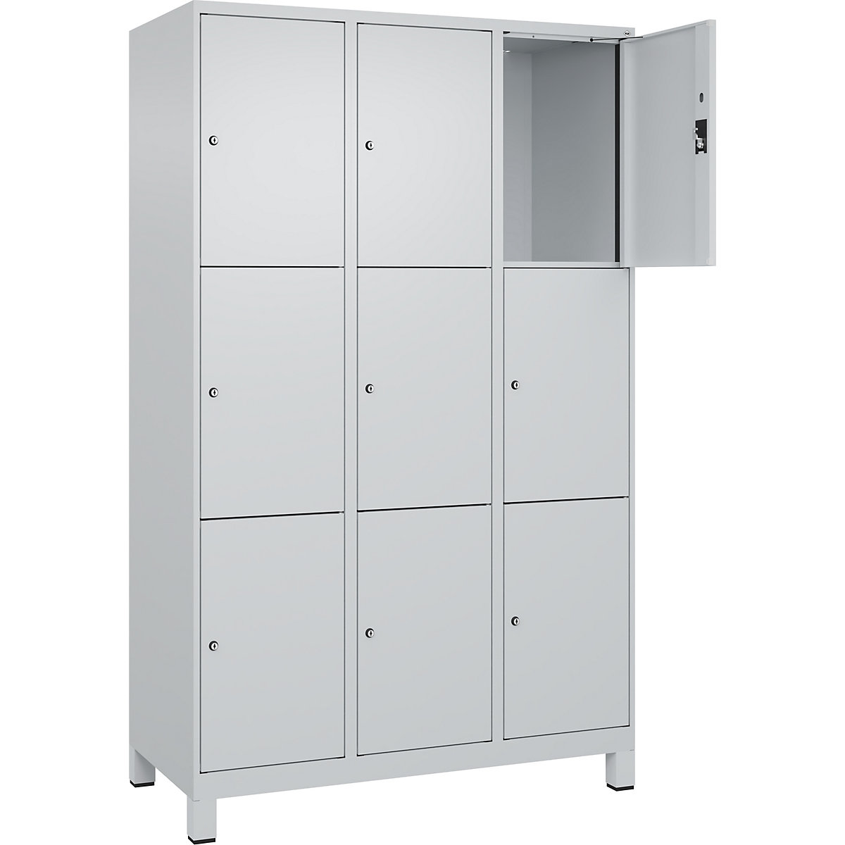Dulap cu 3 compartimente cu încuietoare Evolo PLUS, 3 module, gri deschis, lăț. 1200 mm, 9 compartimente, cu picioare late, încuietoare cilindrică-0