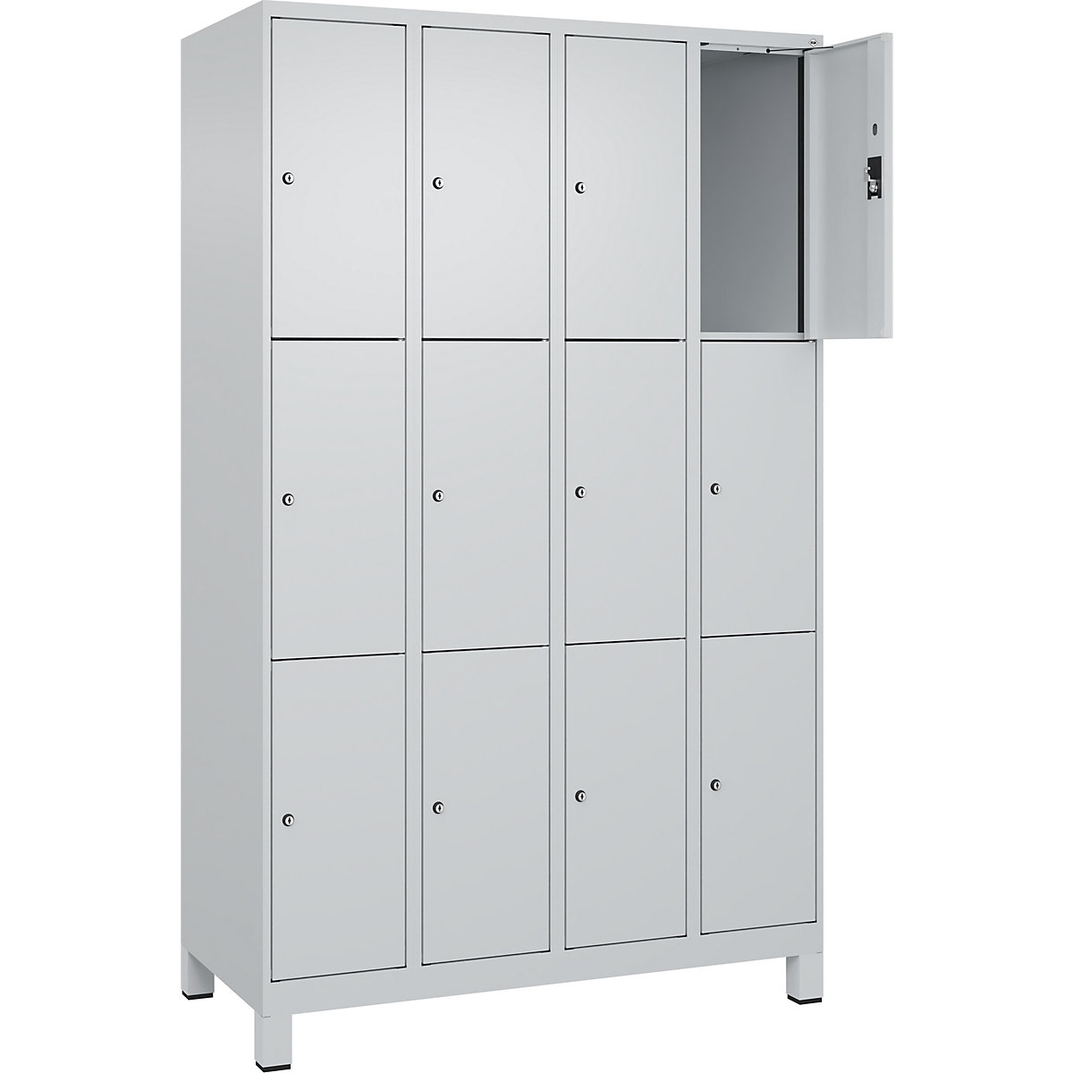 Dulap cu 3 compartimente cu încuietoare Evolo PLUS, 4 module, gri deschis, lăț. 1200 mm, 12 compartimente, cu picioare late, încuietoare cilindrică-0