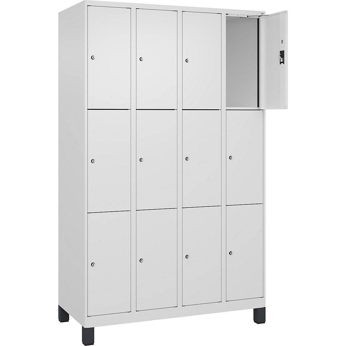 Dulap cu 3 compartimente cu încuietoare Evolo PLUS, 4 module, alb, lăț. 1200 mm, 12 compartimente, cu picioare late, încuietoare cilindrică-0