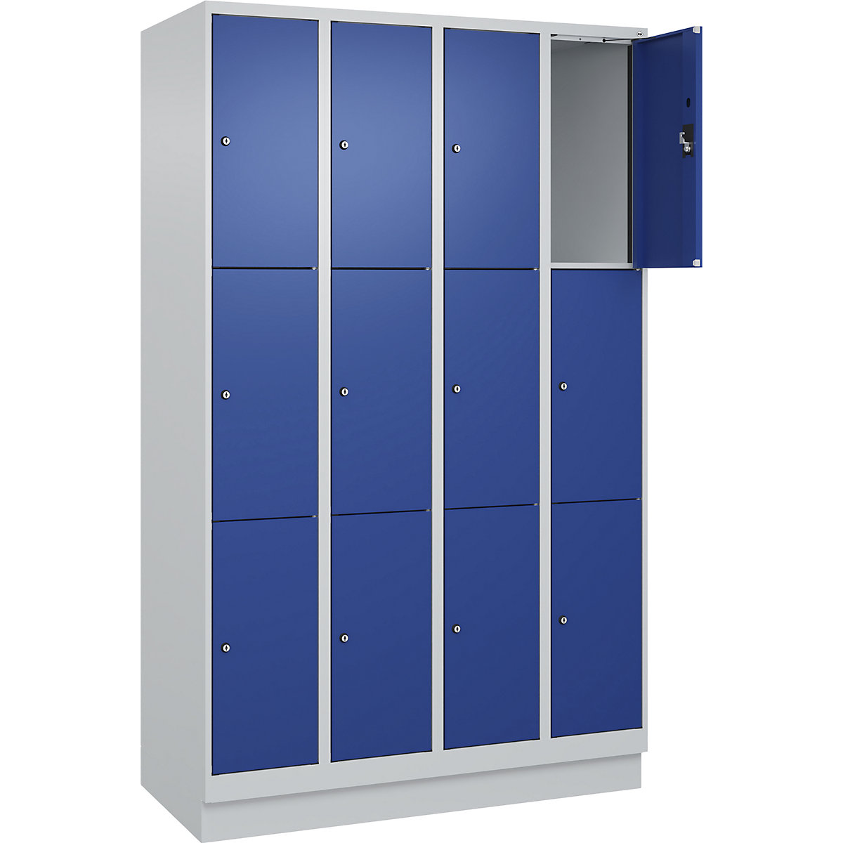 Dulap cu 3 compartimente cu încuietoare Evolo PLUS, 4 module, gri deschis / albastru gențiană, lăț. 1200 mm, 12 compartimente, cu soclu, încuietoare cilindrică-0