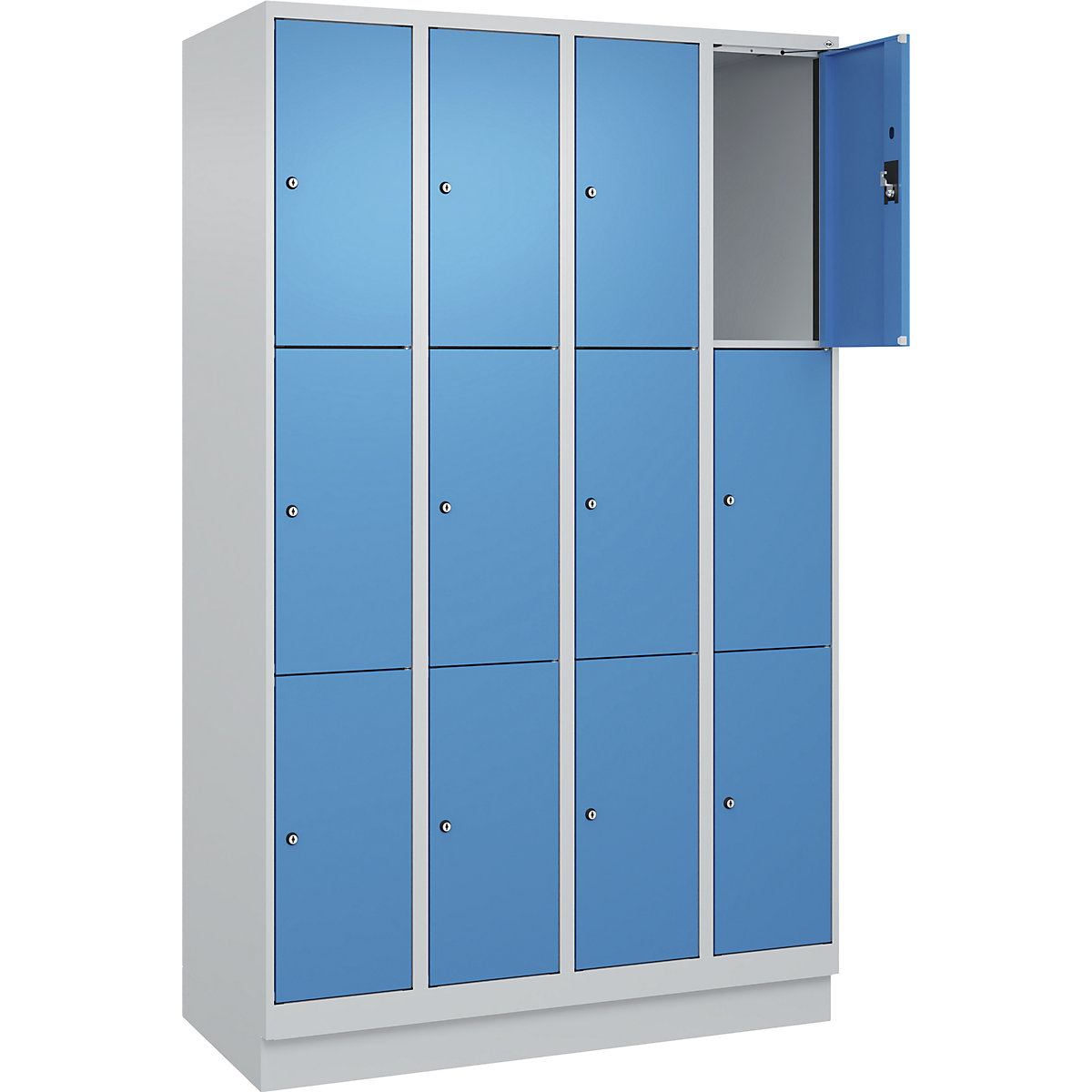 Dulap cu 3 compartimente cu încuietoare Evolo PLUS, 4 module, gri deschis / albastru deschis, lăț. 1200 mm, 12 compartimente, cu soclu, încuietoare cilindrică-0